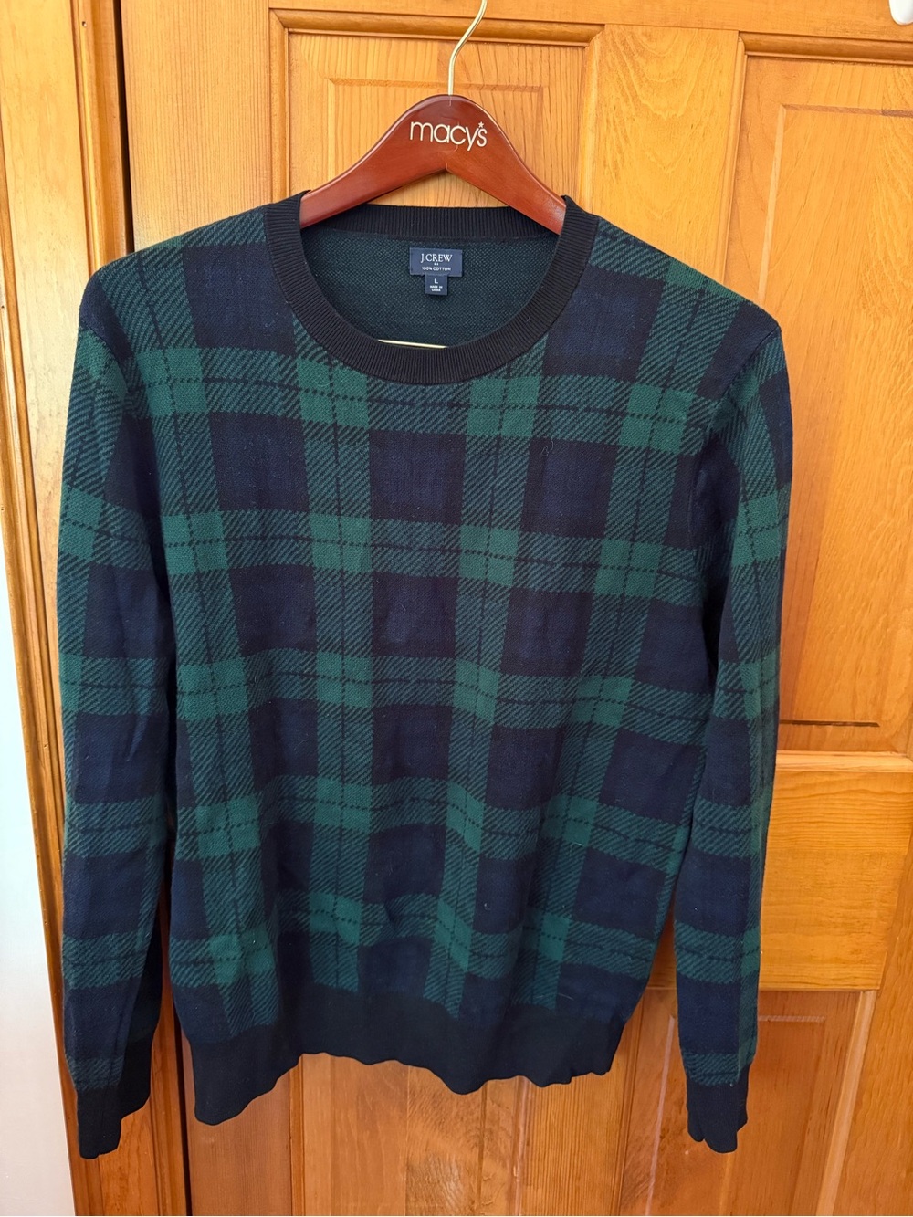 J. Crew Men's Navy and Green Plaid Crewneck Sweater